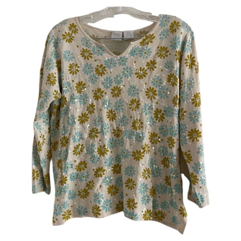 MARY JANE by Marcasiano Women's Floral Cream Silk Nylon Sequins Blouse-Size L